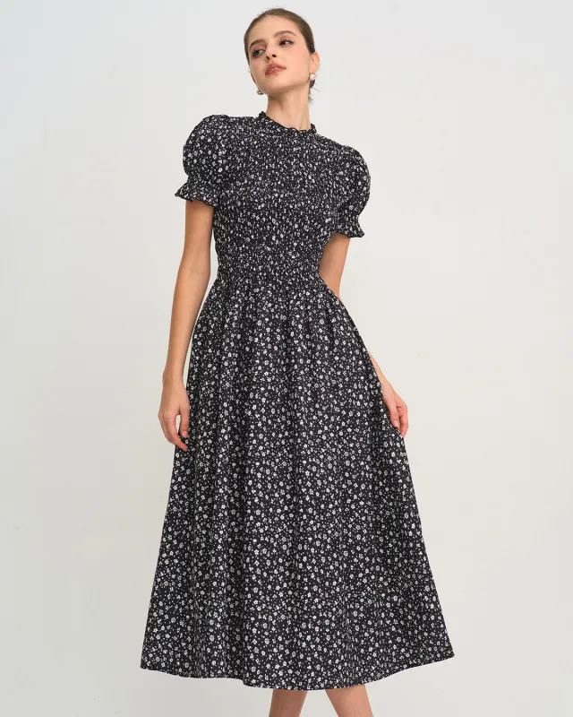 Black Floral Shirred A-Line Midi Dress sold by rihoas