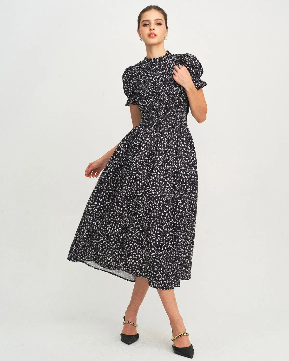 Black Floral Shirred A-Line Midi Dress sold by rihoas product image thumbnail 4
