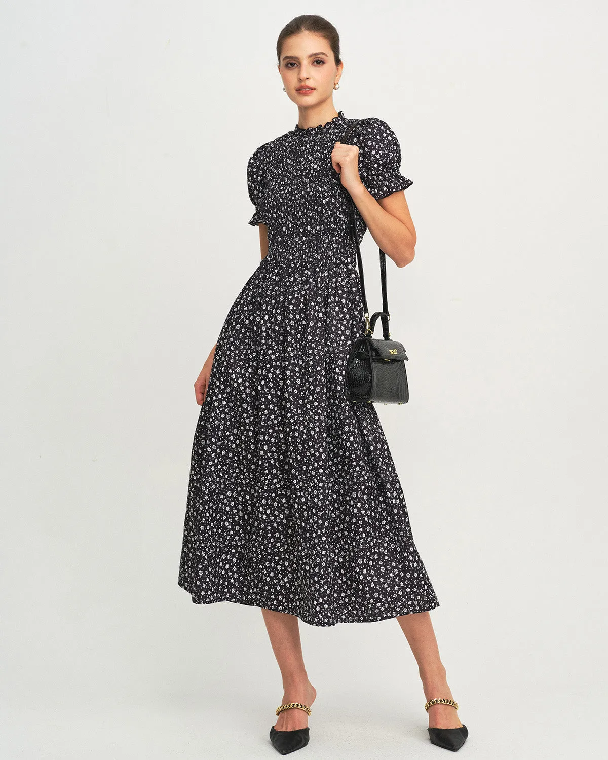 Black Floral Shirred A-Line Midi Dress sold by rihoas product image thumbnail 3