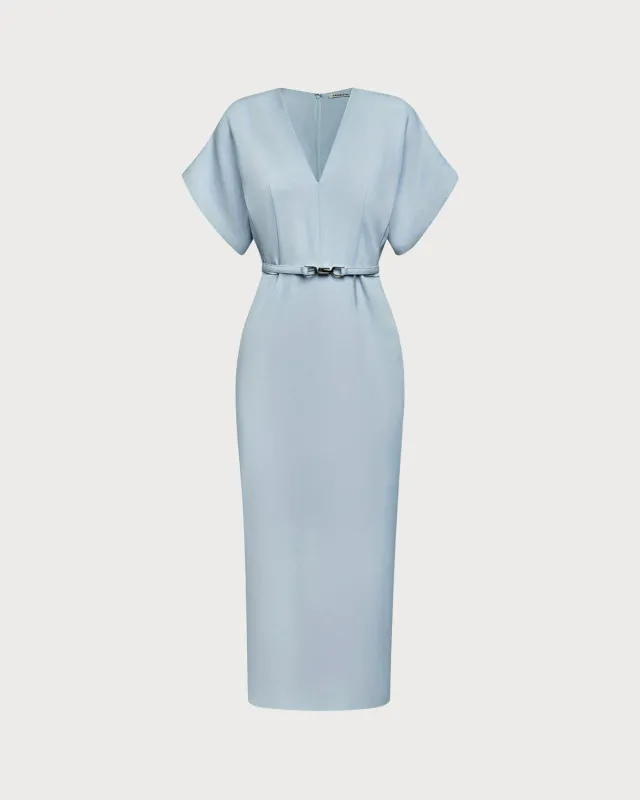 Blue V Neck Belt Midi Dress sold by rihoas