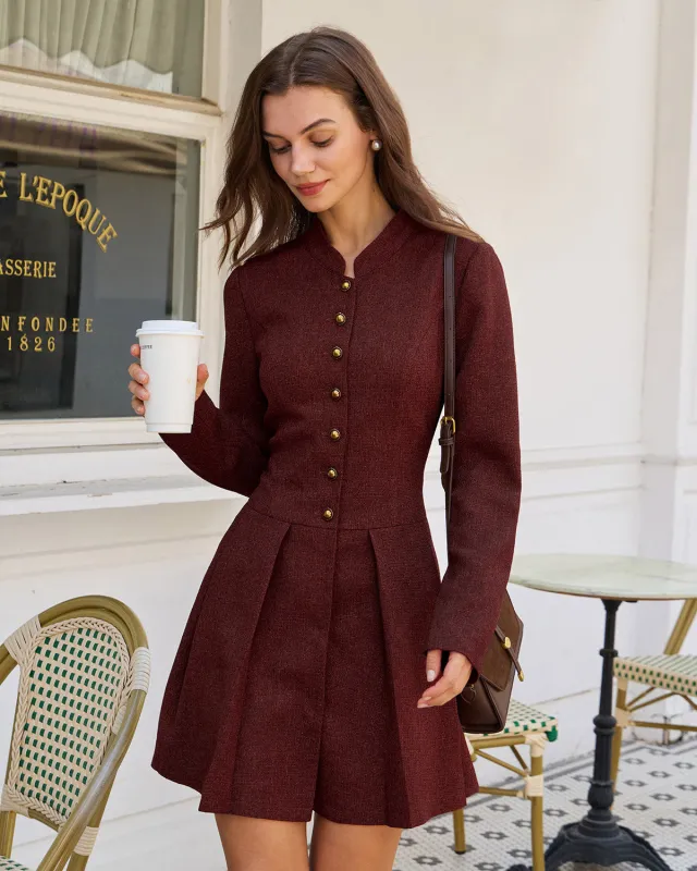 Wine Red Pleated Button Mini Dress sold by rihoas