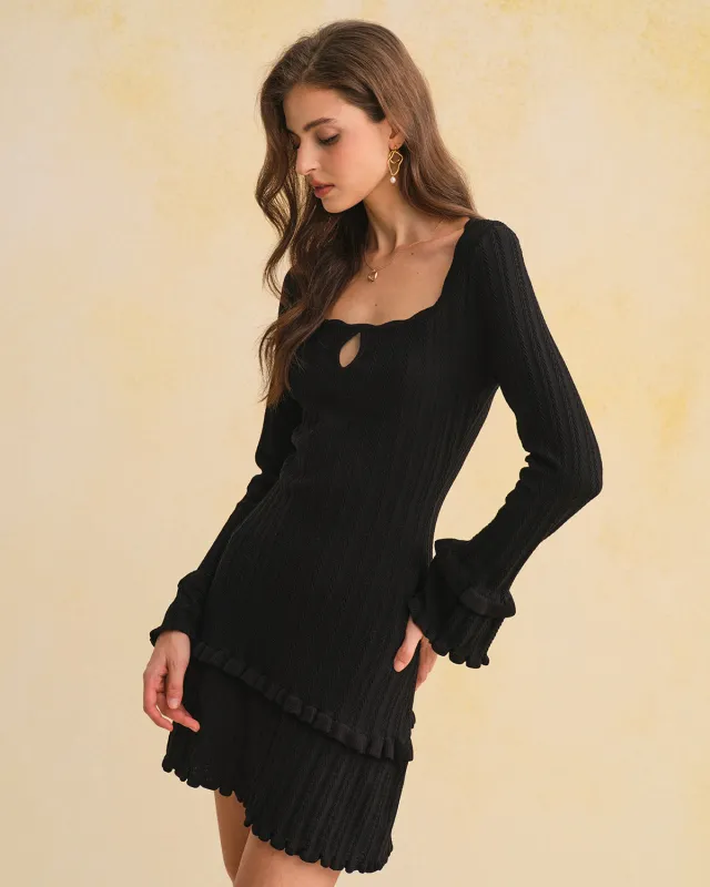 Black Bell Sleeve Ruffle Sweater Dress sold by rihoas