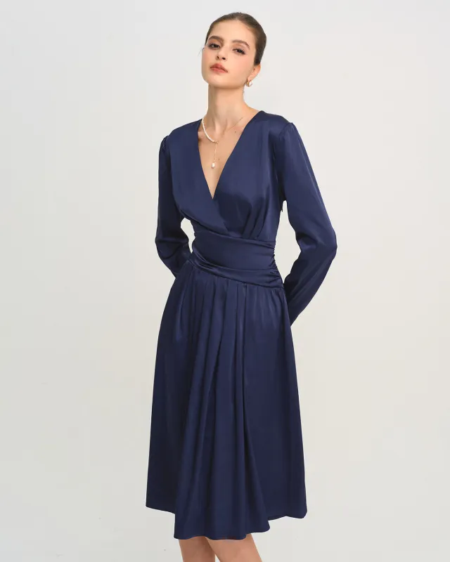 Blue V Neck Pleated Midi Dress sold by rihoas