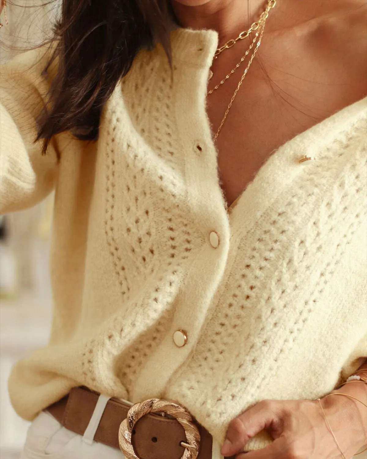 Yellow Round Neck Hip Knit Cardigan sold by rihoas product image thumbnail 2