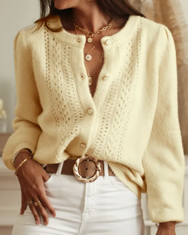 Yellow Round Neck Hip Knit Cardigan sold by rihoas