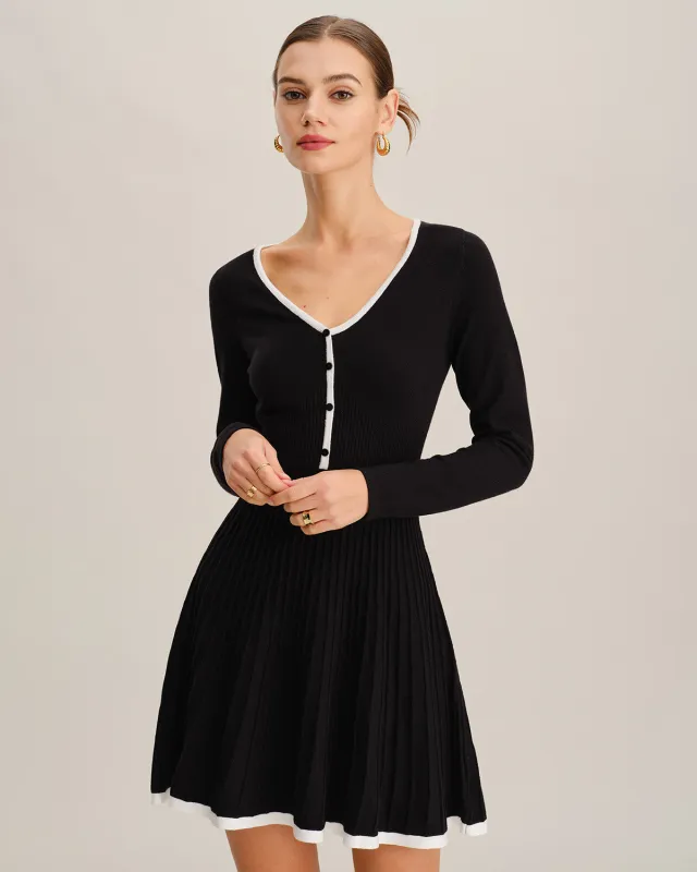 Black Contrasting V Neck Button Sweater Dress sold by rihoas