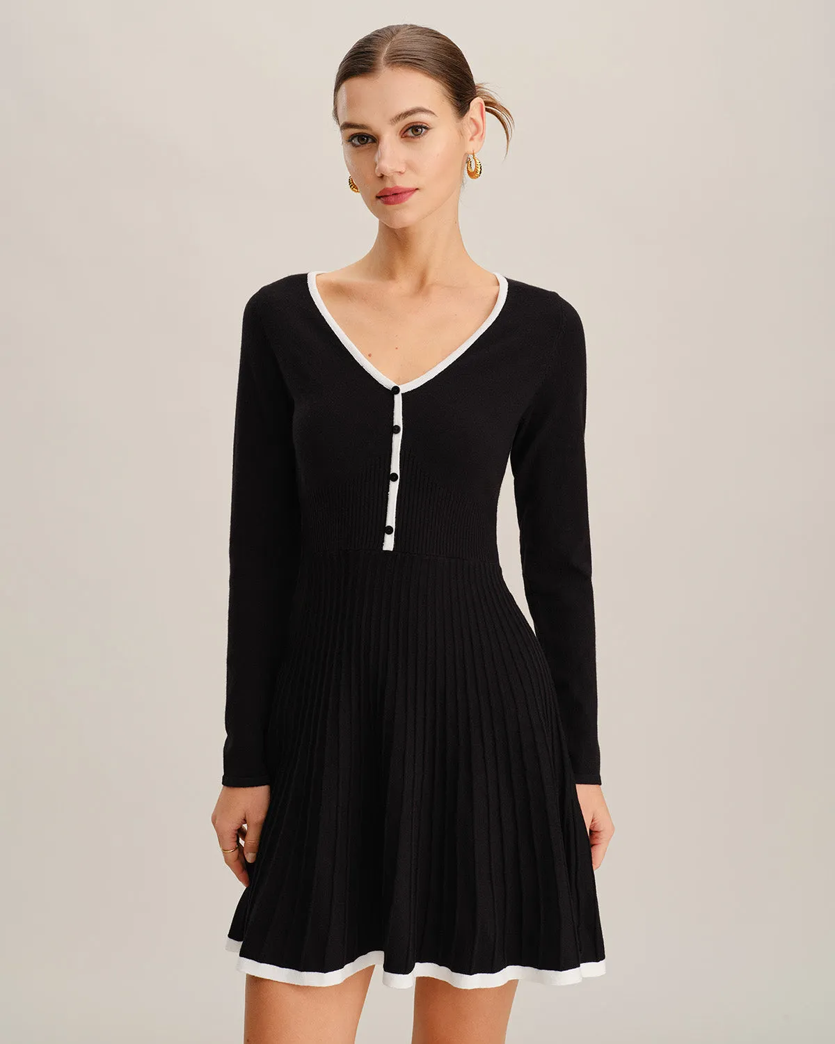 Black Contrasting V Neck Button Sweater Dress sold by rihoas product image thumbnail 3
