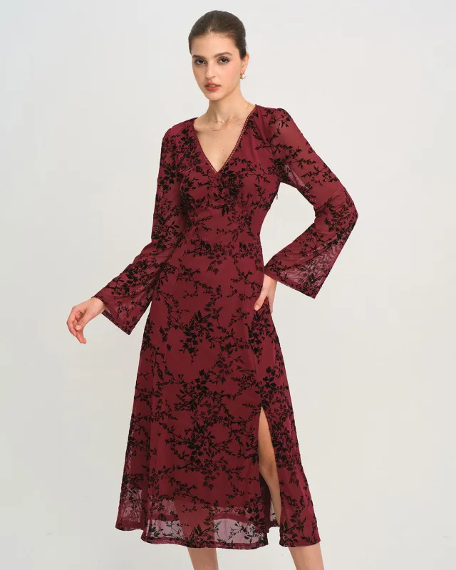 Red Floral V Neck Bell Sleeve Midi Dress sold by rihoas