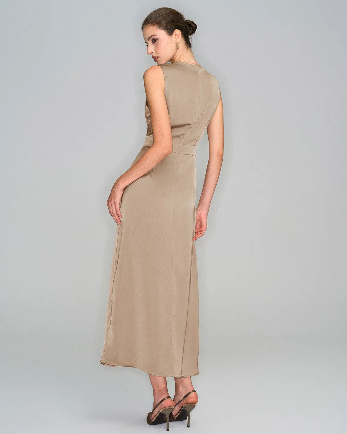 Apricot Satin Sleeveless Slit Maxi Dress sold by rihoas product image thumbnail 5