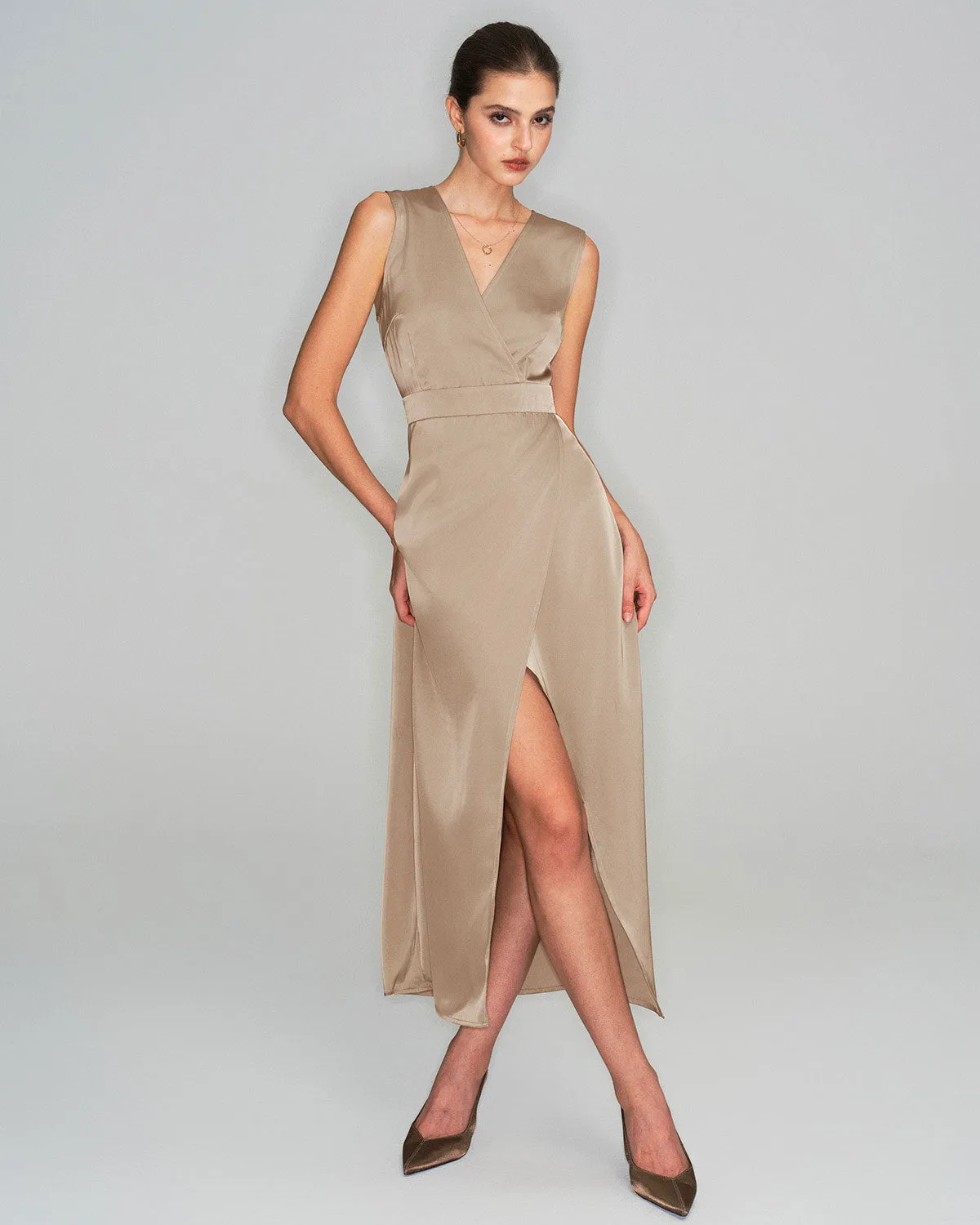 Apricot Satin Sleeveless Slit Maxi Dress sold by rihoas product image thumbnail 4