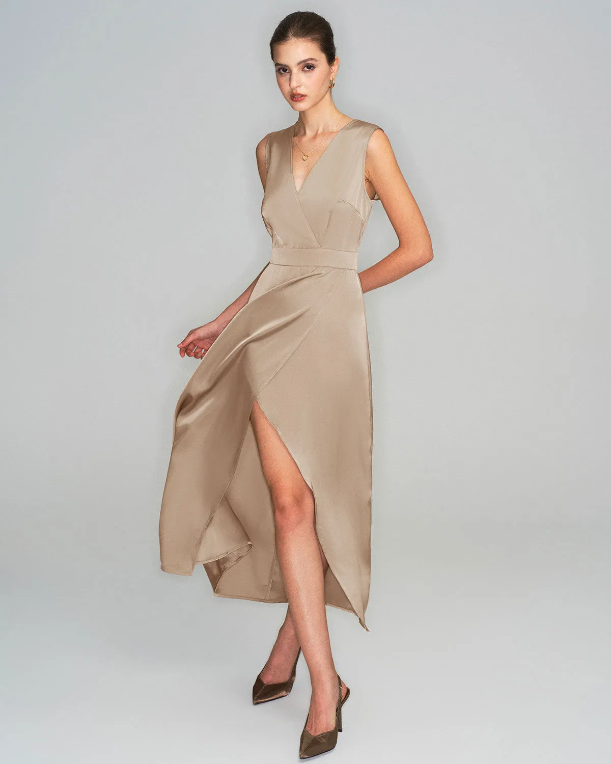 Apricot Satin Sleeveless Slit Maxi Dress sold by rihoas product image thumbnail 3
