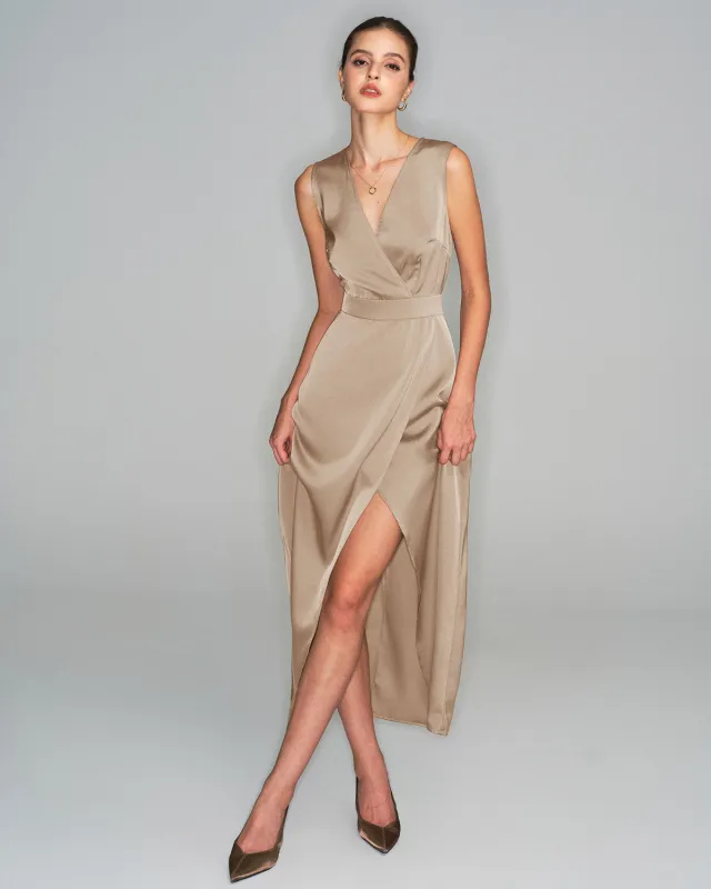 Apricot Satin Sleeveless Slit Maxi Dress sold by rihoas