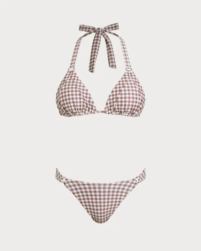 Coffee Plaid Halter Bikini Sets sold by rihoas