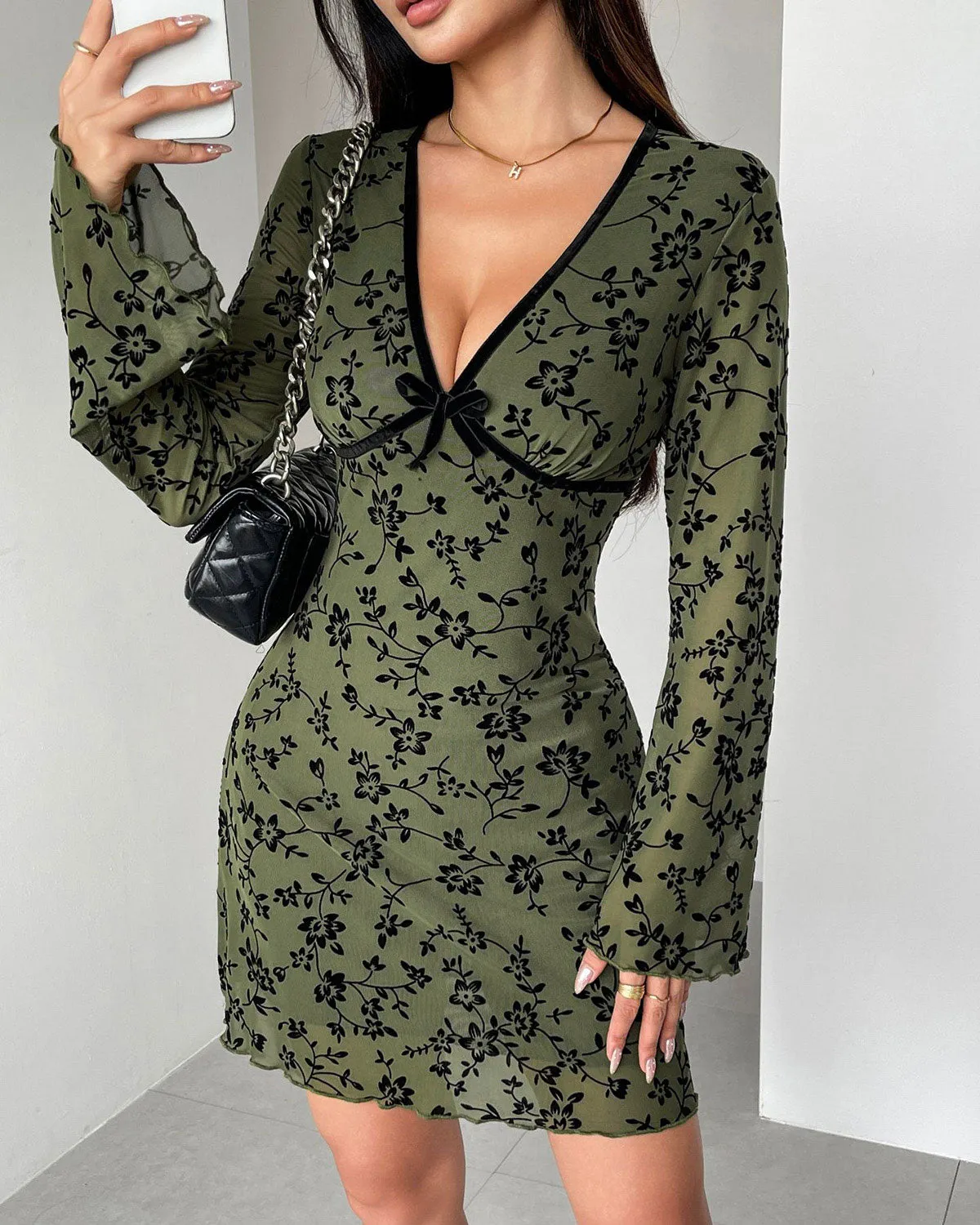 Green Floral V Neck Mini Dress sold by rihoas product image thumbnail 4