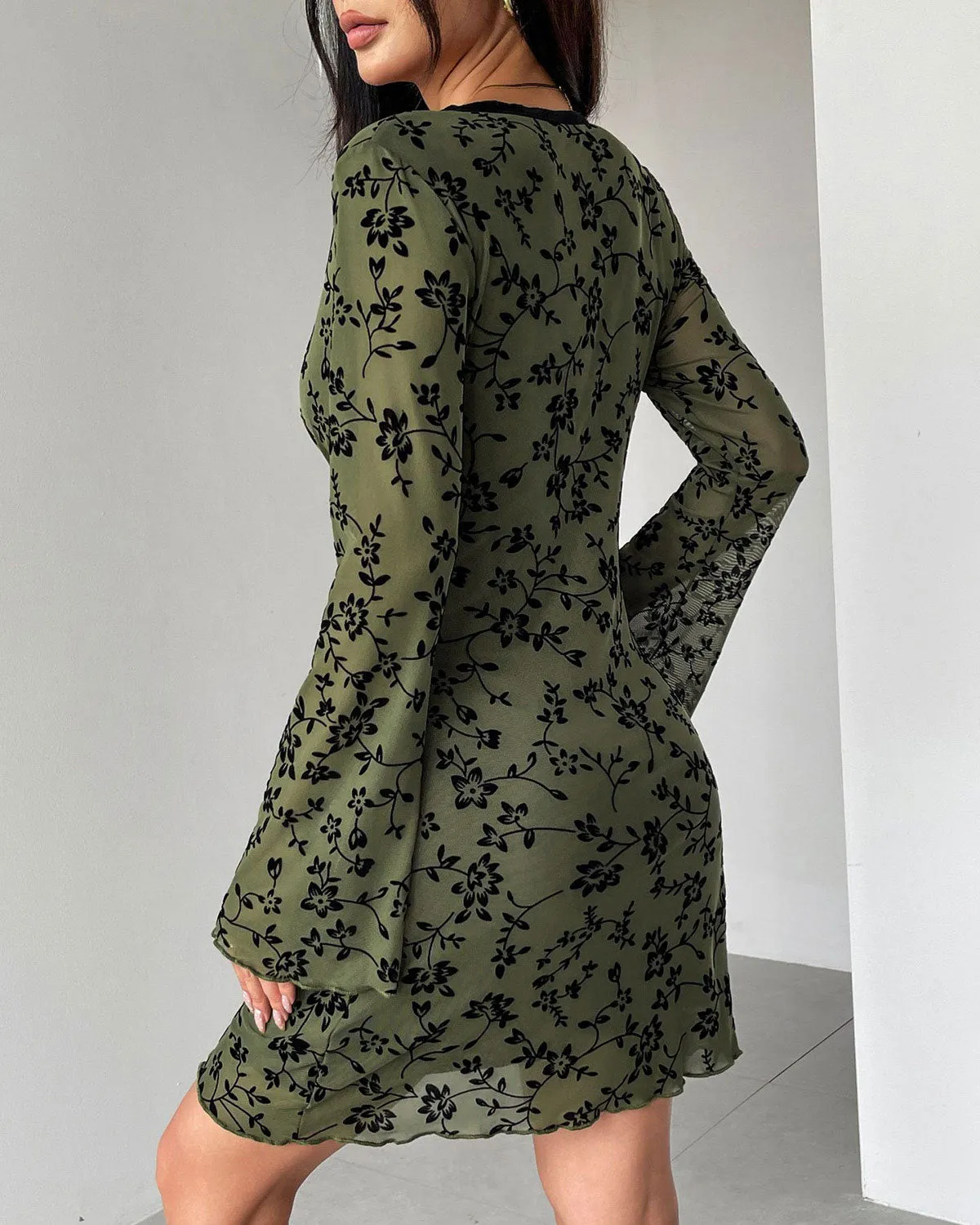 Green Floral V Neck Mini Dress sold by rihoas product image thumbnail 2