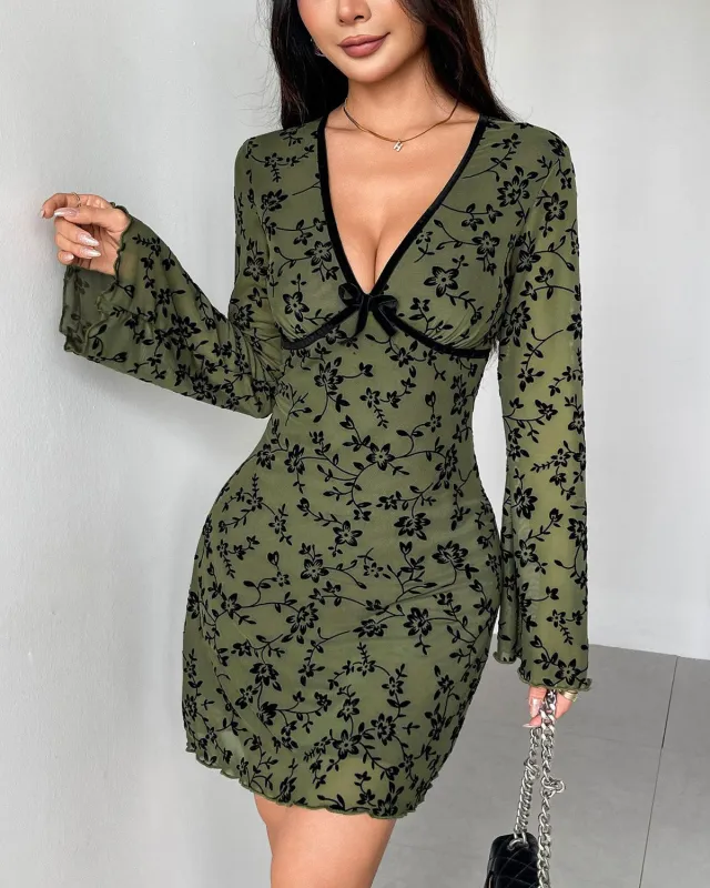 Green Floral V Neck Mini Dress sold by rihoas