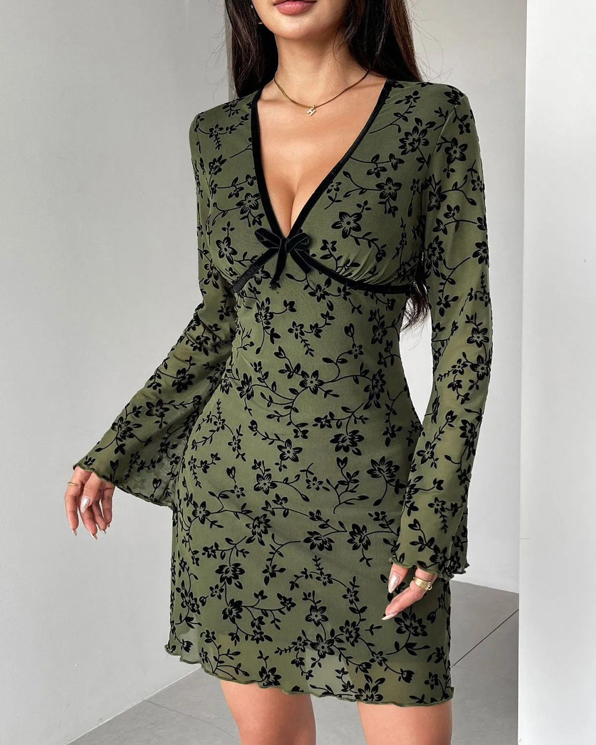Green Floral V Neck Mini Dress sold by rihoas product image thumbnail 3