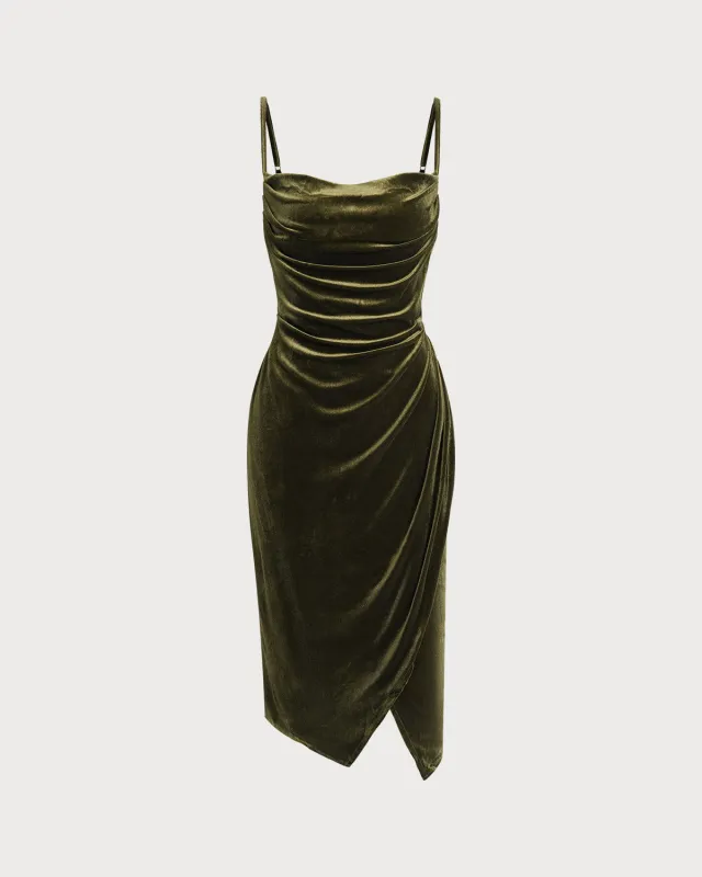 Green Velour Ruched Slip Midi Dress sold by rihoas