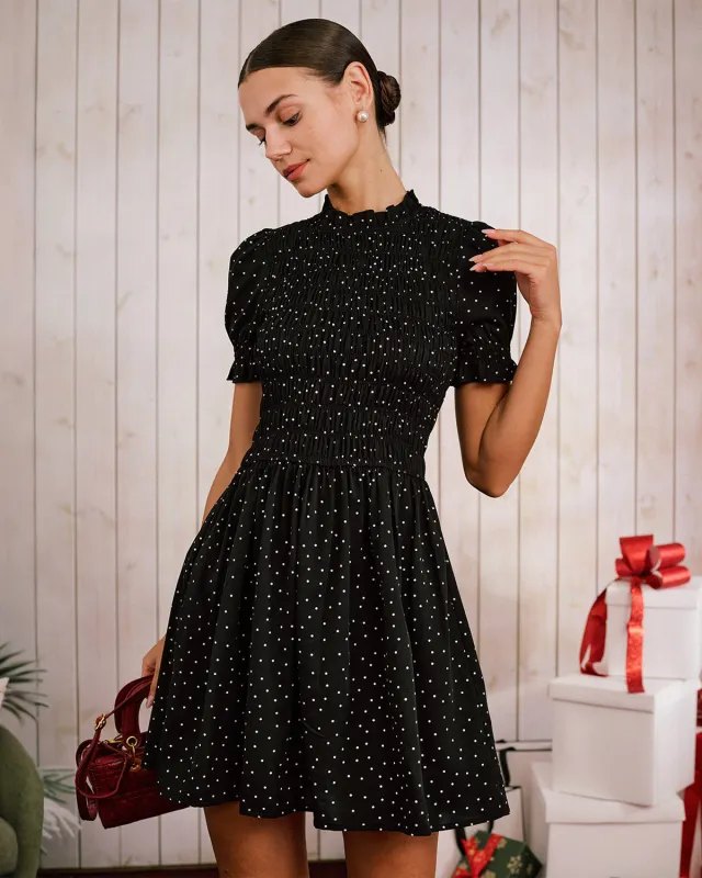 Black Polka Dot Shirred Mini Dress sold by rihoas