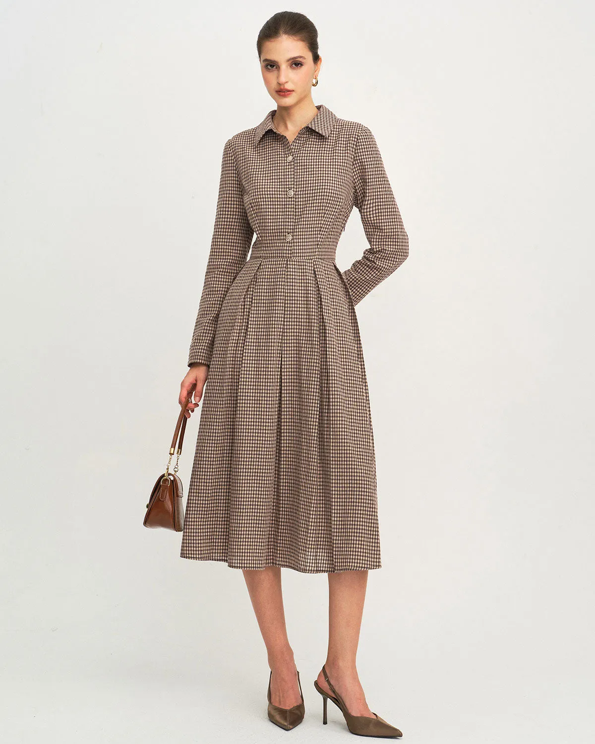 Brown Plaid A-Line Midi Dress sold by rihoas product image thumbnail 4