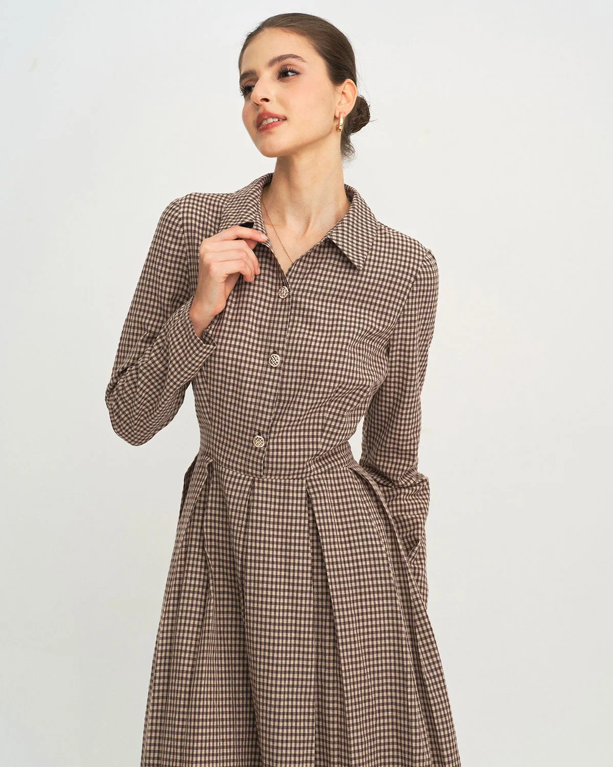 Brown Plaid A-Line Midi Dress sold by rihoas product image thumbnail 2