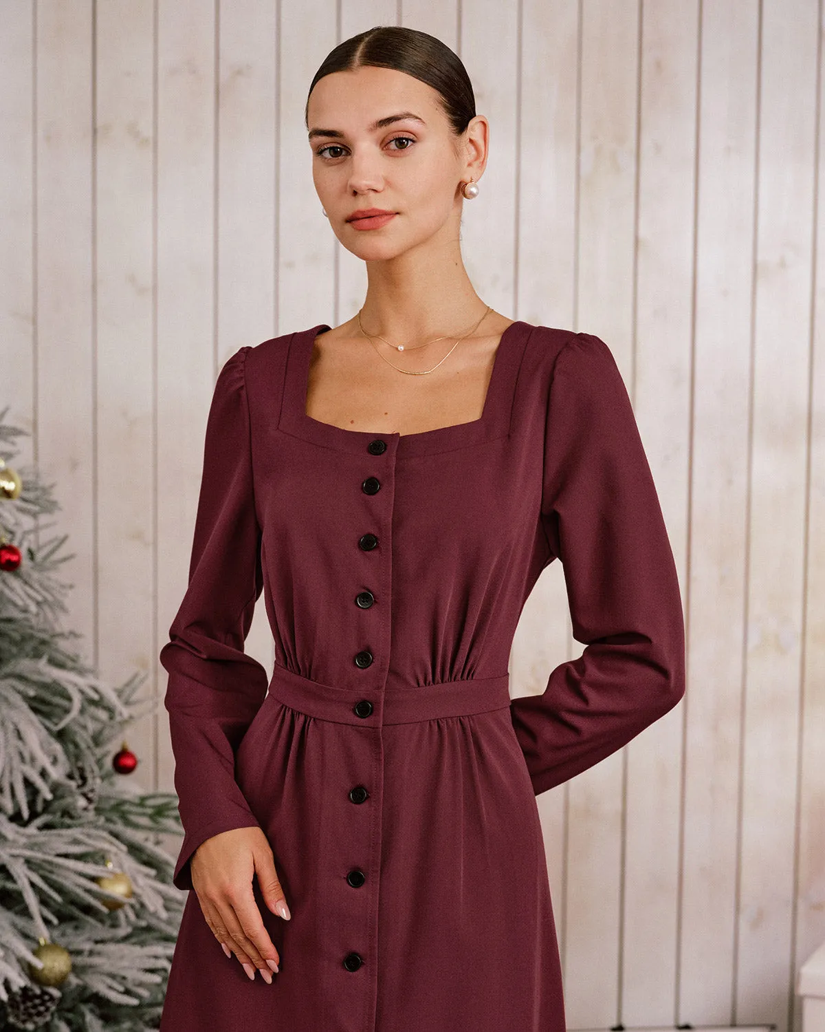 Wine Red Square Neck Button Midi Dress sold by rihoas product image thumbnail 2