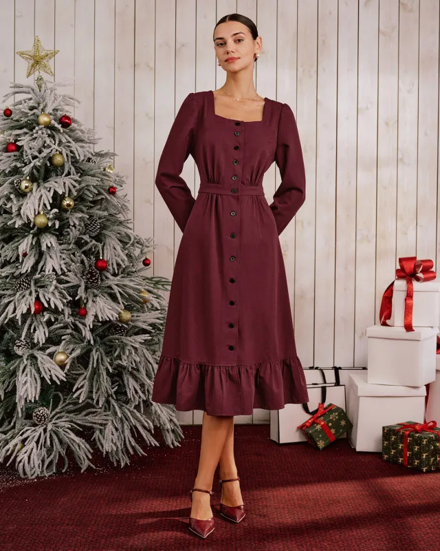 Wine Red Square Neck Button Midi Dress sold by rihoas