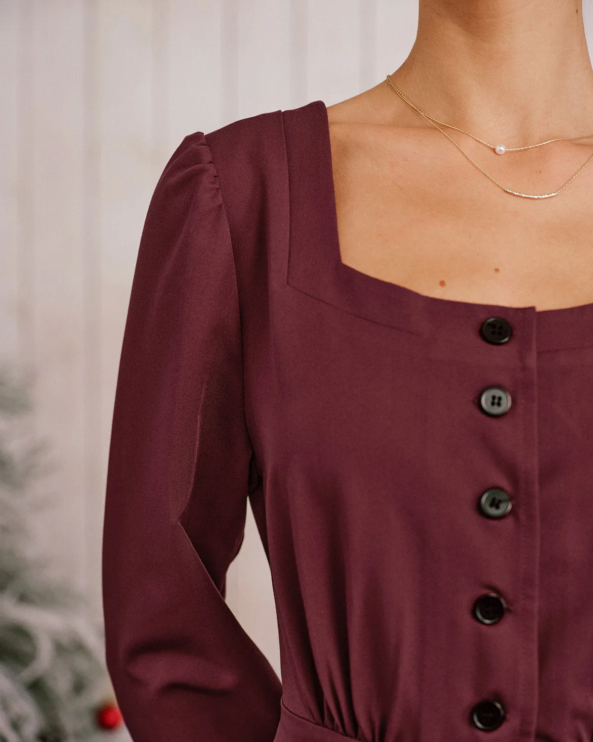 Wine Red Square Neck Button Midi Dress sold by rihoas product image thumbnail 3