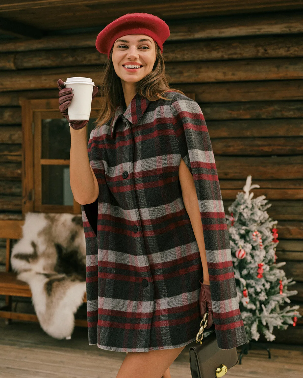 Red Plaid Cape Sleeve Coat sold by rihoas product image thumbnail 2