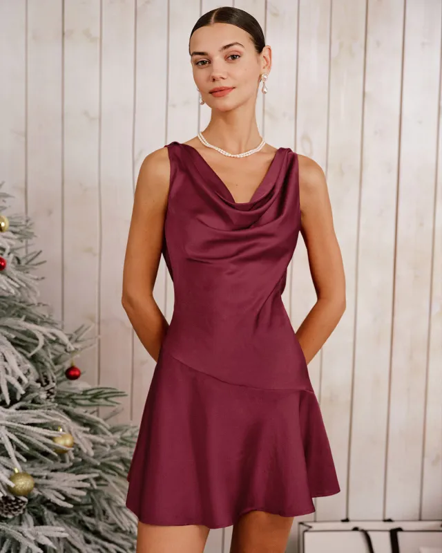 Wine Red Satin Cowl Neck Mini Dress sold by rihoas