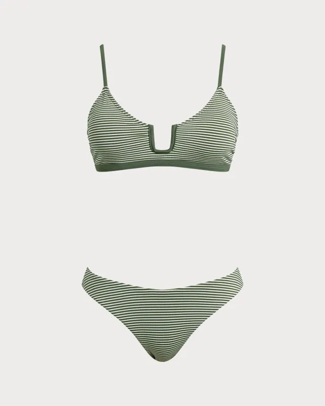 Army Green Striped Bralette Bikini Set sold by rihoas