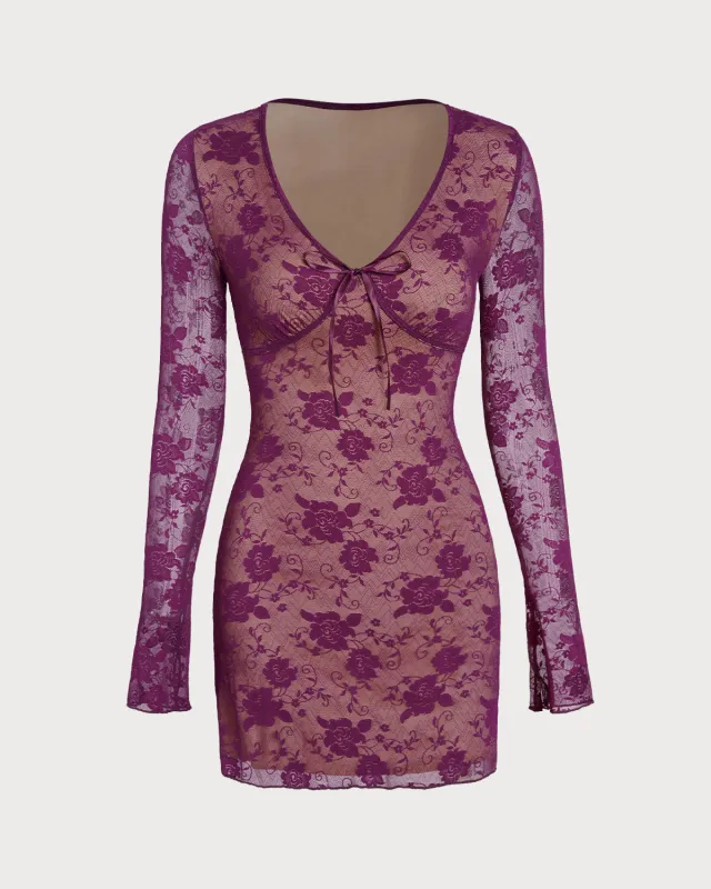 Purple Neck A-Line Lace Mini Dress sold by rihoas