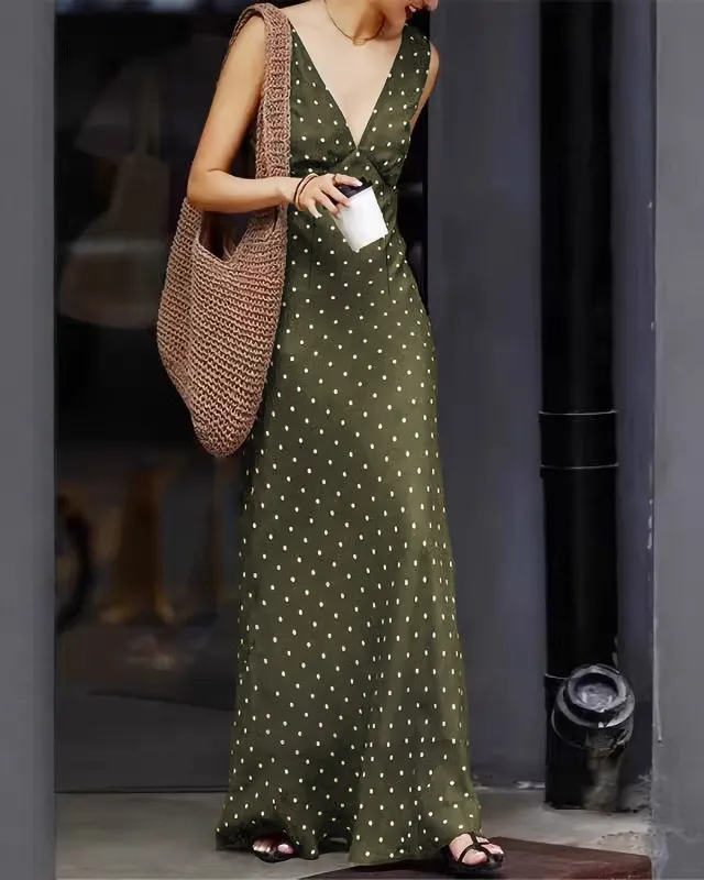 Green Polka Dot Sleeveless Maxi Dress sold by rihoas