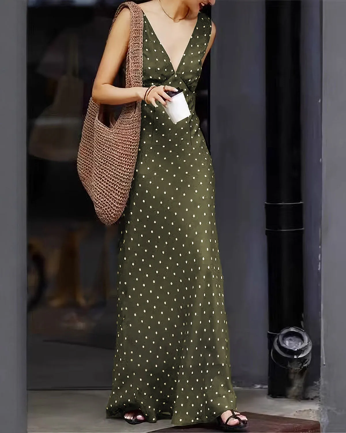 Green Polka Dot Sleeveless Maxi Dress sold by rihoas