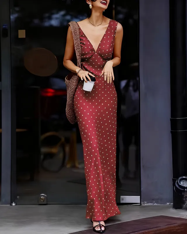 Wine Red Polka Dot Sleeveless Maxi Dress sold by rihoas