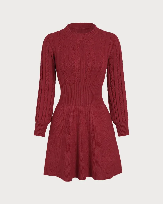 Wine Red Round Neck A-Line Sweater Dress sold by rihoas