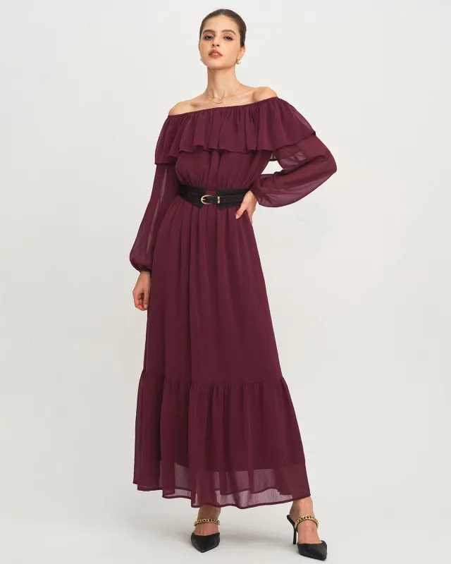 Wine Red Boat Neck Ruffle Maxi Dress sold by rihoas
