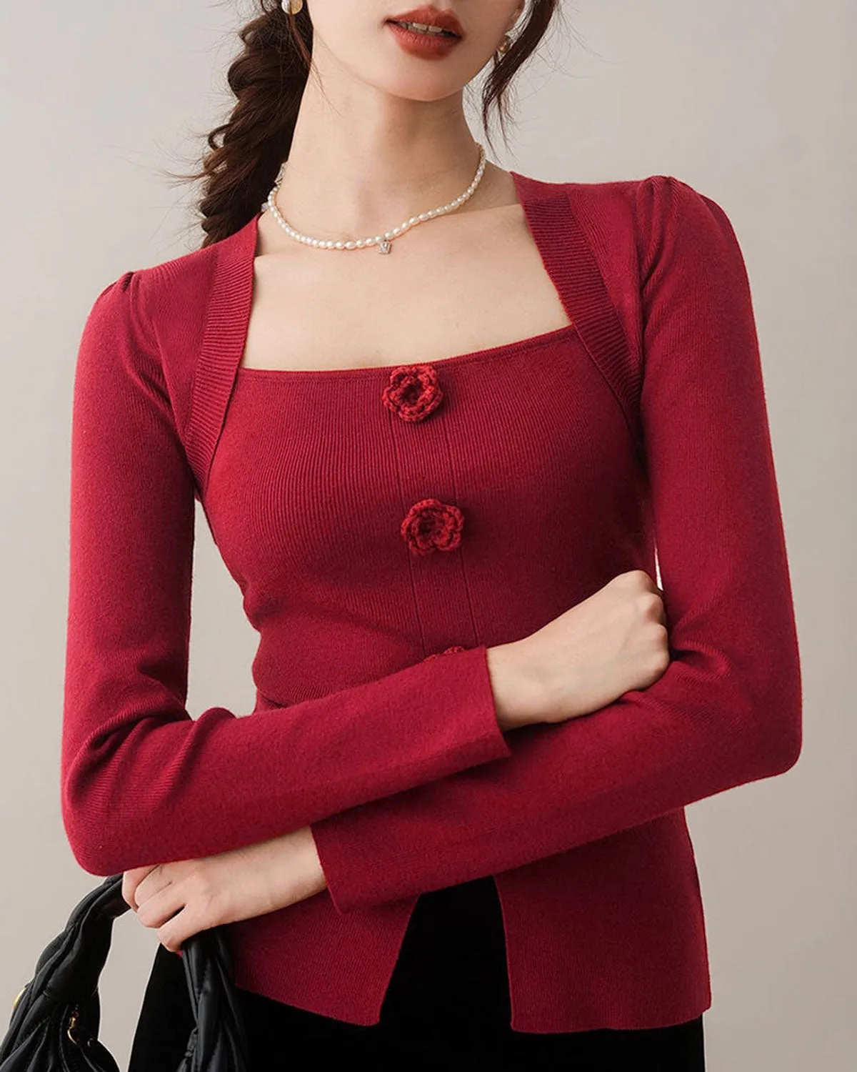 Red Square Neck Slim Knit Tee sold by rihoas product image thumbnail 2