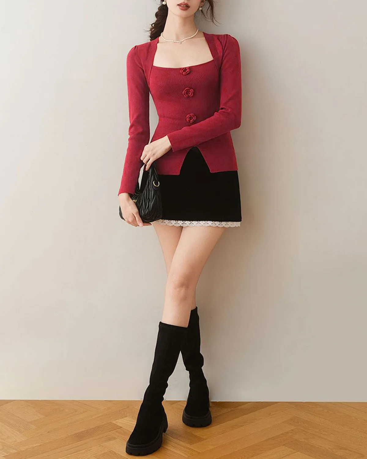 Red Square Neck Slim Knit Tee sold by rihoas product image thumbnail 3