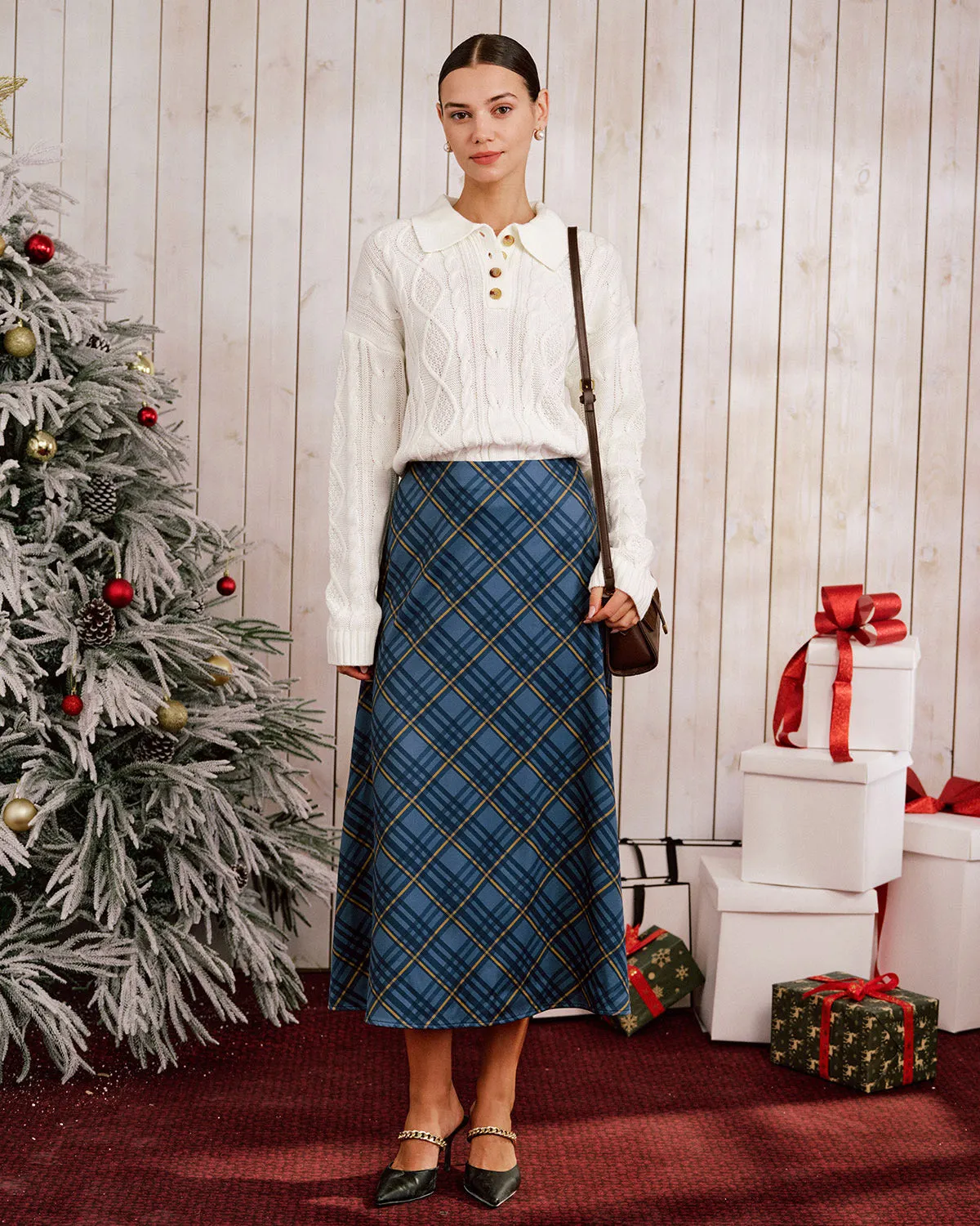 Blue Plaid A-Line Midi Skirt sold by rihoas product image thumbnail 3