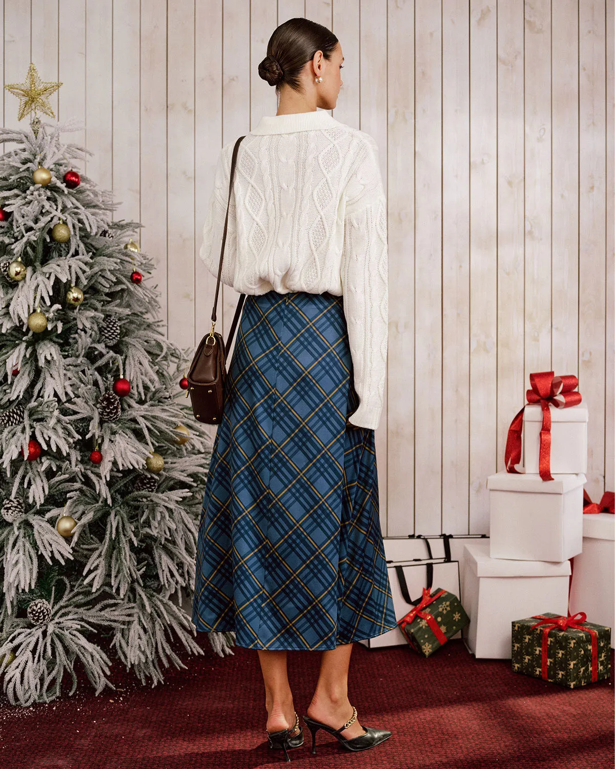 Blue Plaid A-Line Midi Skirt sold by rihoas product image thumbnail 5