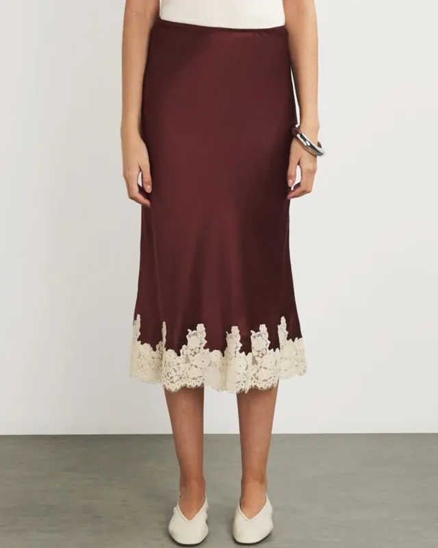 Wine Red Contrasting Elastic Waist Midi Skirt sold by rihoas