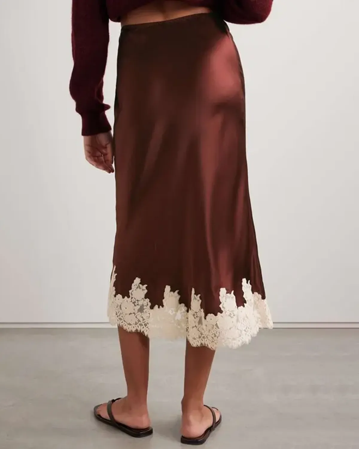 Wine Red Contrasting Elastic Waist Midi Skirt sold by rihoas product image thumbnail 2