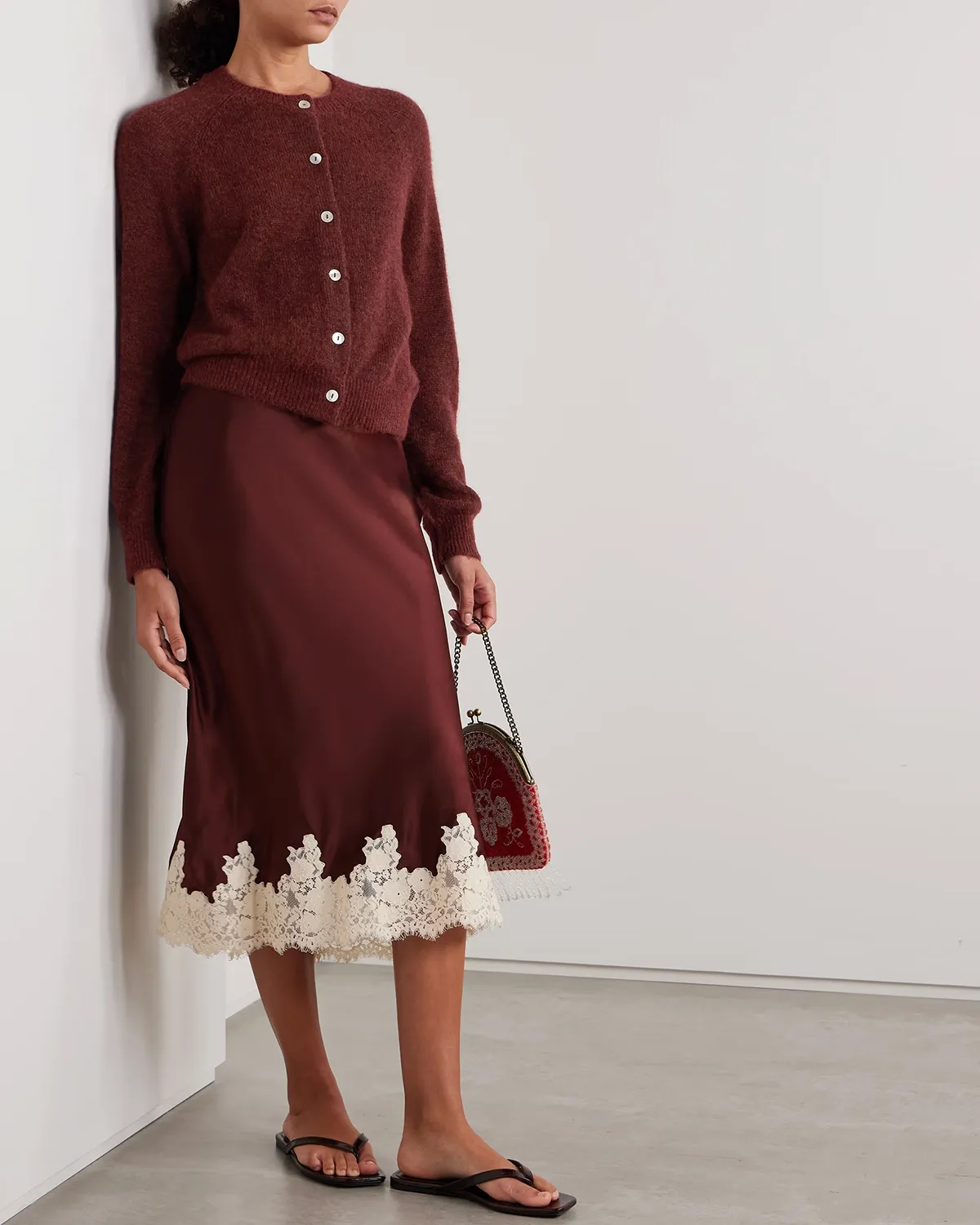 Wine Red Contrasting Elastic Waist Midi Skirt sold by rihoas product image thumbnail 5