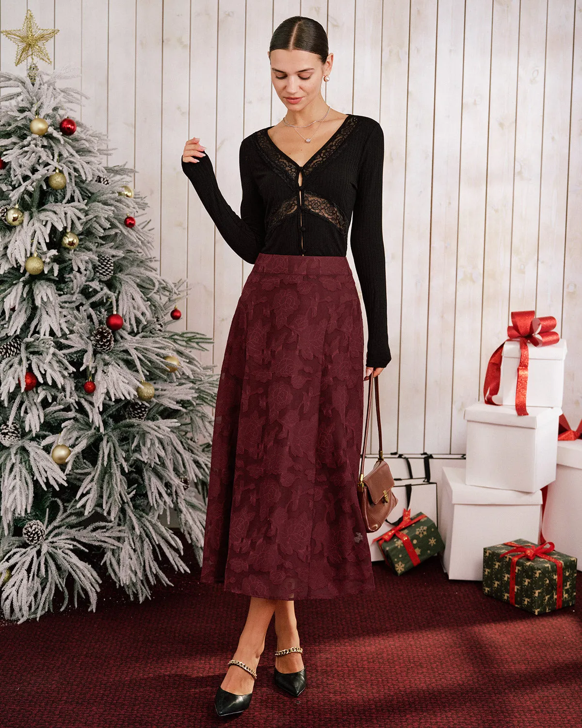 Wine Red Jacquard A-Line Midi Skirt sold by rihoas product image thumbnail 4