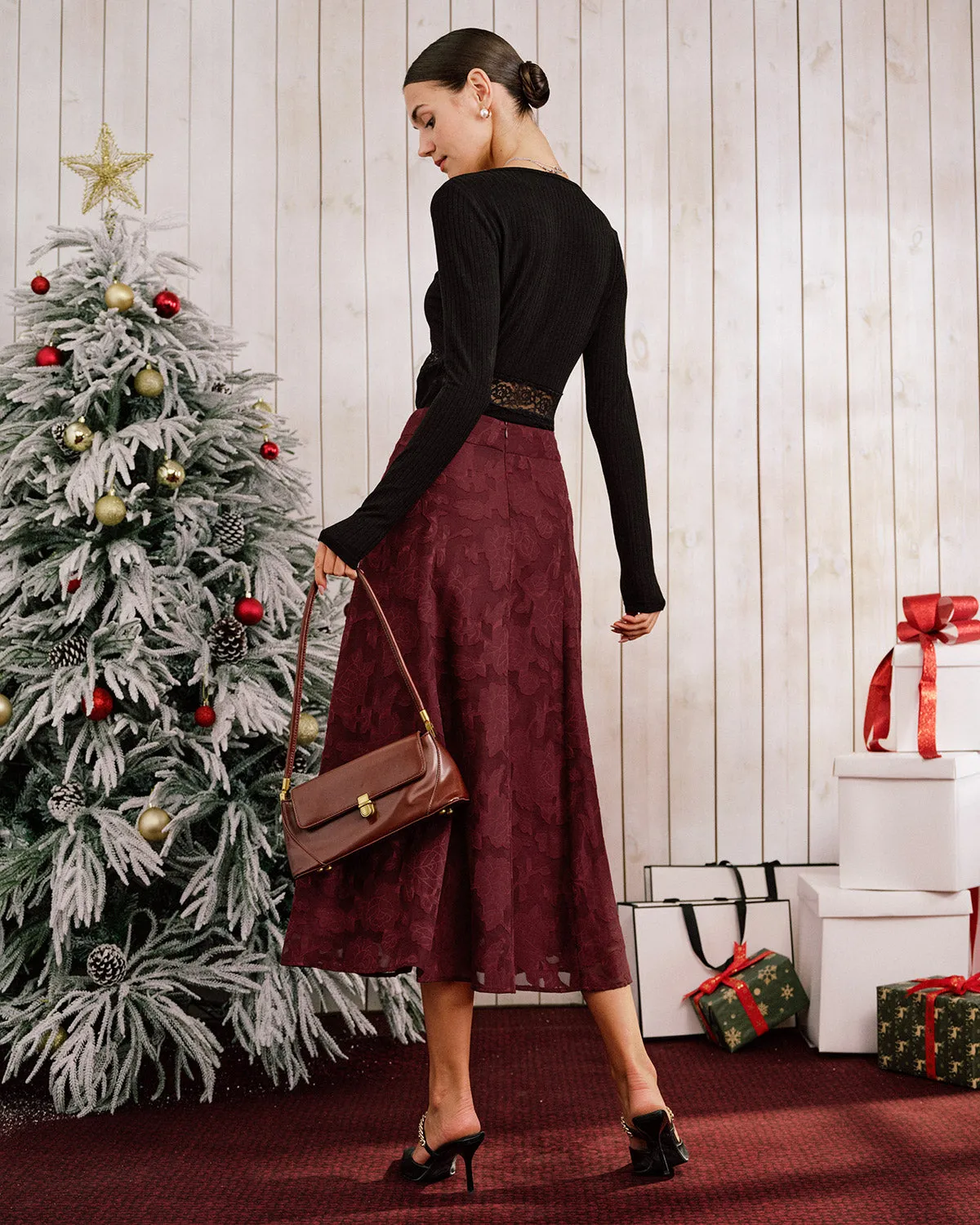 Wine Red Jacquard A-Line Midi Skirt sold by rihoas product image thumbnail 5