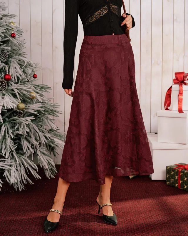Wine Red Jacquard A-Line Midi Skirt sold by rihoas