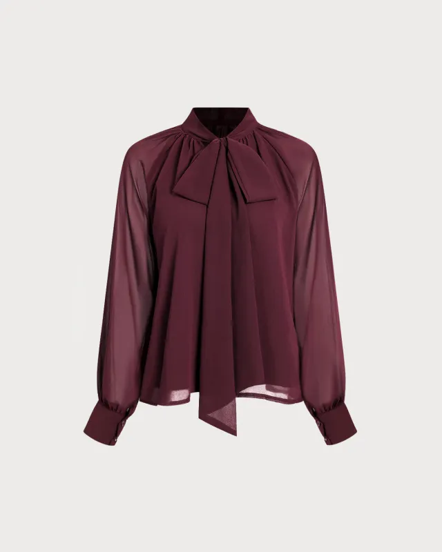 Wine Red Tie Neck Blouse sold by rihoas