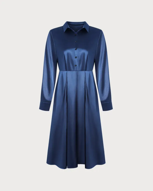 Blue Satin A-Line Button Midi Dress sold by rihoas
