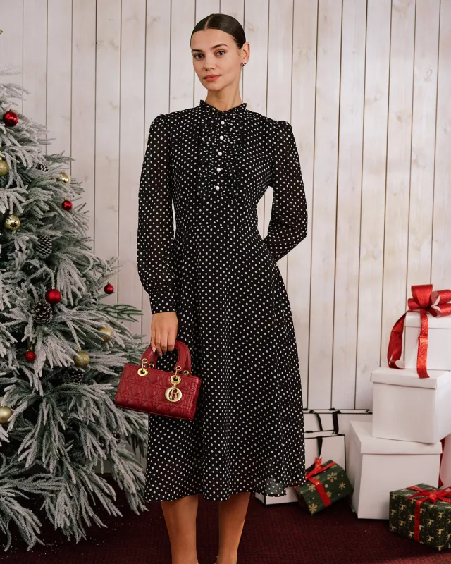 Black Polka Dot Mock Neck Midi Dress sold by rihoas